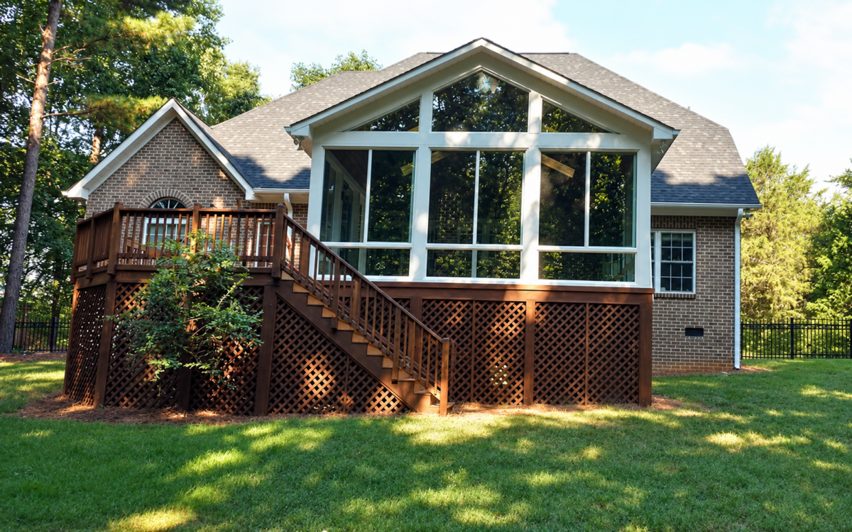 Completed Designers Choice sunroom with a gable roof, stained deck, stairs, and lattice skirting.